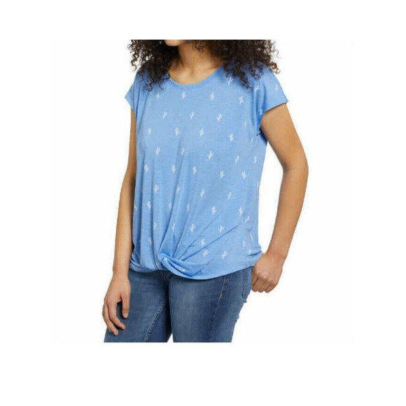 Izod Womens Top XXL Blue Cactus Printed Tee T-Shirt Cap Sleeve Twist Hem Tunic - Picture 3 of 13
